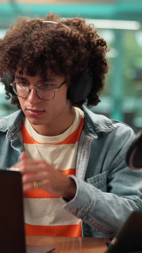 Typing, thinking or man with laptop in recording studio, planning podcast script Stock Footage 335386026