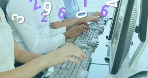 Typing typists wearing white shirts entering data at desk, animated numerals Stock Footage 331125627