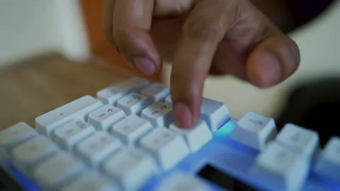 Typing on White Mechanical Keyboard with Blue Backlight, Office Worker Typi.. Stock Footage 315981995