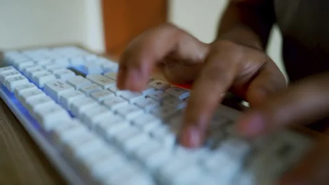 Typing on White Mechanical Keyboard with Blue Backlight, Office Worker Typi.. Stock Footage 315982018