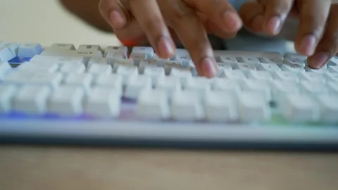 Typing on White Mechanical Keyboard with Blue Backlight, Office Worker Typi.. Vídeo Stock 315982035