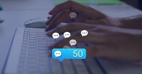 Typing woman's hands using white keyboard and mouse at desk, showing blue 50 Stock Photos