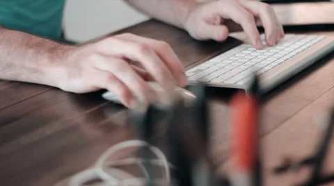 Typing at Wooden Desk with Computer Keyboard Stock Footage 39653033