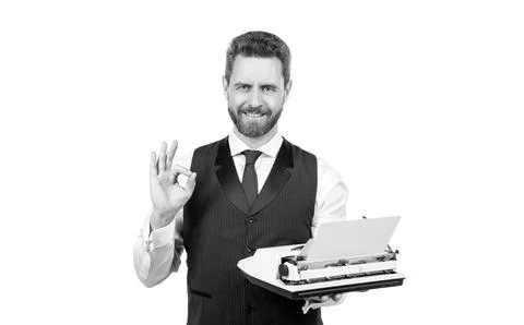 Typist author isolated on white background. bookman or novelist. secretary Stock Photos