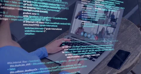 Typist typing on laptop, initiating code overlay spreading over keys and call Stock Footage 331634300