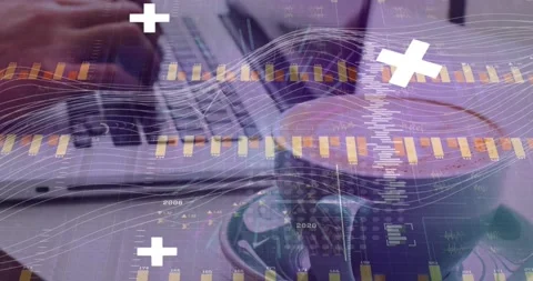 Typist's hands typing on laptop, starting animated business charts growing and Stock Footage 331287129