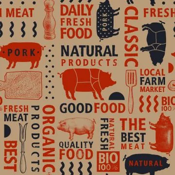 Typographic craft vector butchery seamless pattern. Graphical pig silhouette, Stock Illustration
