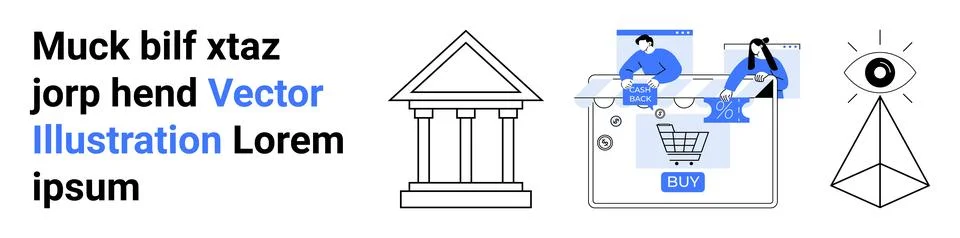 Typographic elements, a classical building, a shopping cart on a digital inte Stock Illustration