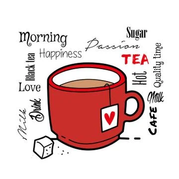 Typographic tea drink with tea bag cafe design Stock Illustration