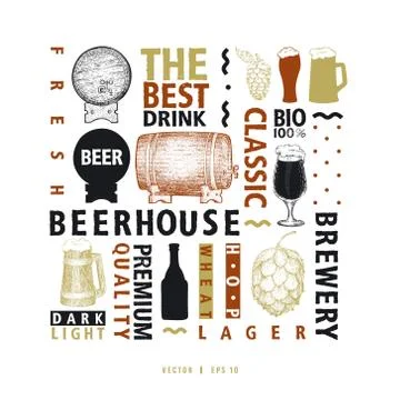Typographic vector beer design template. Types of beer and hand drawn beer bo Stock Illustration