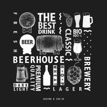 Typographic vector beer design template. Types of beer and hand drawn beer bo Stock Illustration