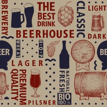 Typographic vector beer seamless pattern or background. Types of beer and han イラスト素材