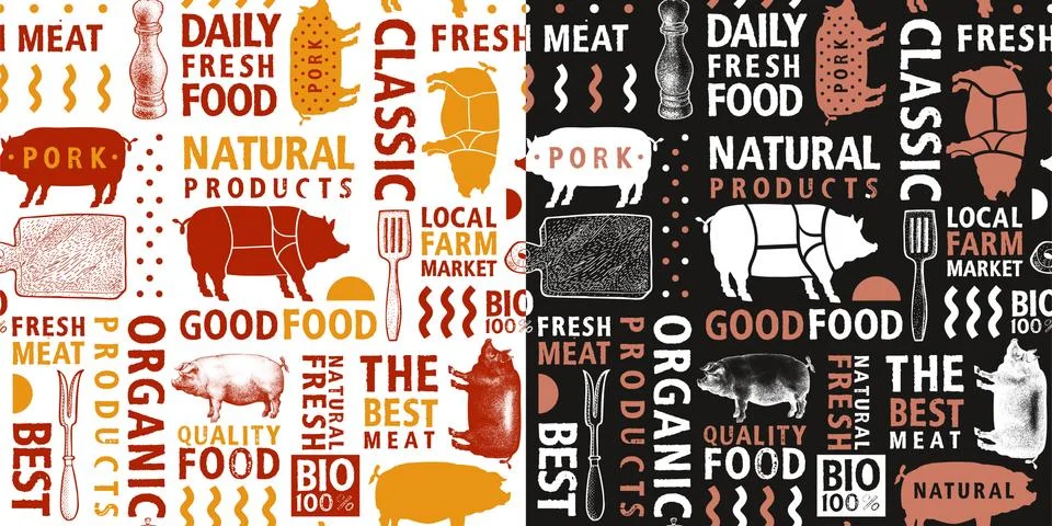 Typographic vector butchery seamless pattern. Graphical pig silhouette, hand  Stock Illustration