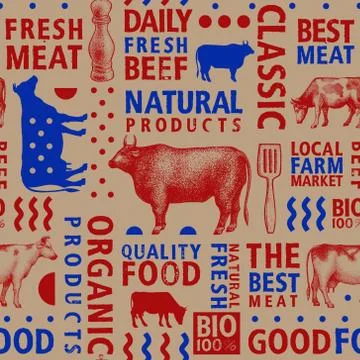 Typographic vector butchery seamless pattern. Graphical bull and cow silhouet Stock Illustration