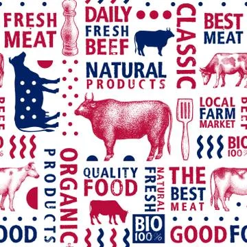Typographic vector butchery seamless pattern. Graphical bull and cow silhouet Stock Illustration