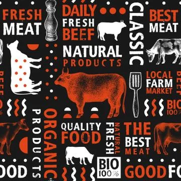 Typographic vector butchery seamless pattern. Graphical bull and cow silhouet Stock Illustration