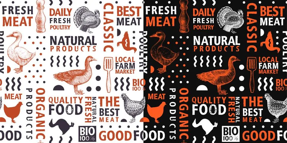 Typographic vector butchery seamless pattern. Graphical goose, hen, turkey, d Stock Illustration