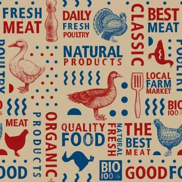 Typographic vector butchery seamless pattern. Graphical goose, hen, turkey, d Illustrazione stock