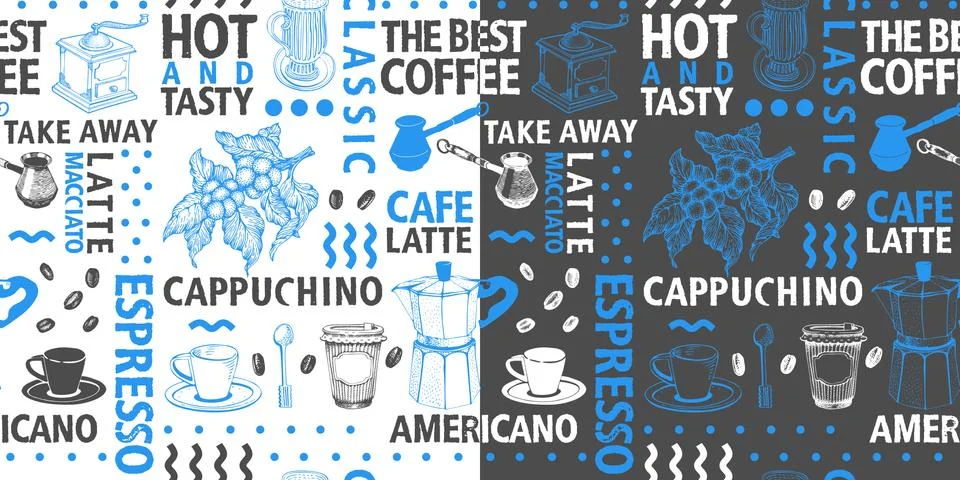 Typographic vector coffee seamless pattern on light and dark background. Type Stock Illustration