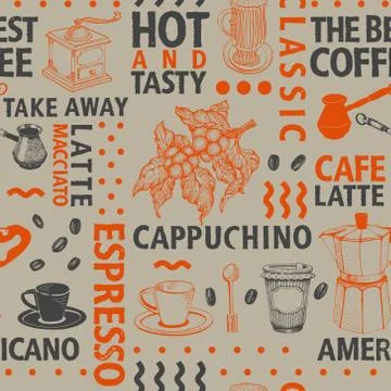 Typographic vector coffee seamless pattern on craft background. Types of coff 스톡 일러스트