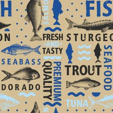 Typographic vector fish seamless pattern on light and dark background. Types  Stock Illustration