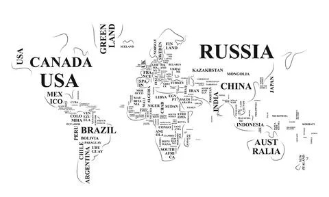Typographic World Map vector illustration with names of the countries and w.. Stock Illustration