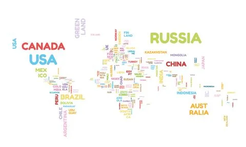 Typographic World Map vector illustration with names of the countries in di.. Stock Illustration