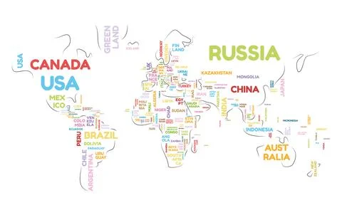 Typographic World Map vector illustration with names of the countries in di.. Stock Illustration
