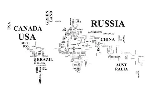 Typographic World Map vector illustration with names of the countries in blac Stock Illustration
