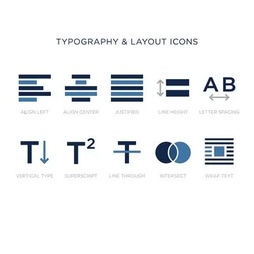 Typography and layout icons set for graphic design, including align left, c.. Ilustração Stock
