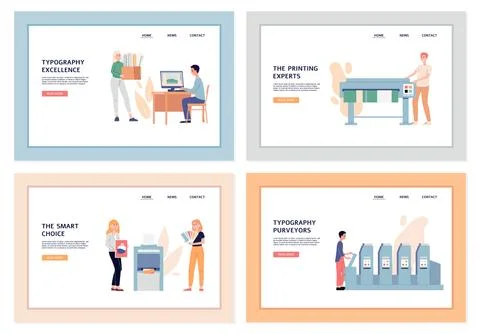 Typography and polygraphy service web banners set cartoon vector illustration. イラスト素材