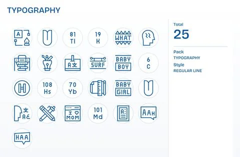 Typography Complete Vector Package with 25 128x128 Regular Line Pixel Optim.. Stock Illustration