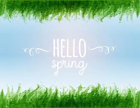 Typography composition with Hello spring words, blue sky and green leaves of  Stock Illustration