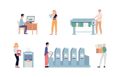 Typography or offset print store employees flat vector illustrations isolated. Ilustración de archivo
