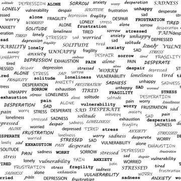 Typography seamless pattern with negative emotions like frustration, anxiety, Illustrazione stock