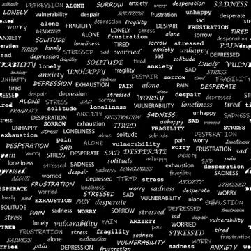 Typography seamless pattern with negative feelings like frustration, anxiety, Stock Illustration