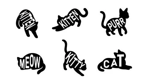 Typography silhouettes of cats with words. Creative black vector illustrations Stock Illustration