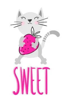 Typography slogan with cute sweet cat illustration. Vector illustration. Print Stock Illustration