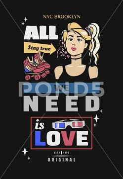 Typography slogan with girl, in 90s memphis style t shirt printing, printed t Stock Illustration