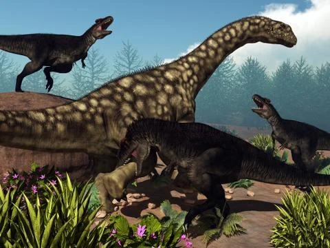 Tyrannotitan attacking an argentinosaurus dinosaur - 3D render Stock Illustration
