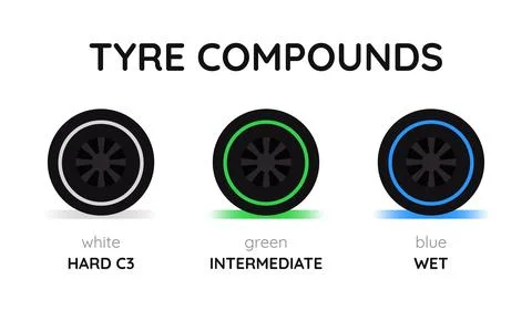 Tyre compounds for the Formula One race - hard, intermediate, wet. Tire types Stock Illustration