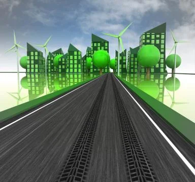 Tyre print on the road to modern windmill city with blue sky illustration Ilustración de archivo