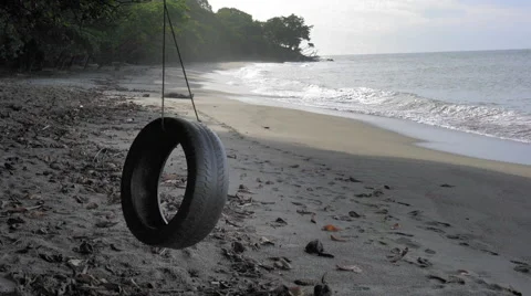 Tyre swing hanging with tree on the beach, Trinidad, Trinidad and Tobago Stock Footage 58196625