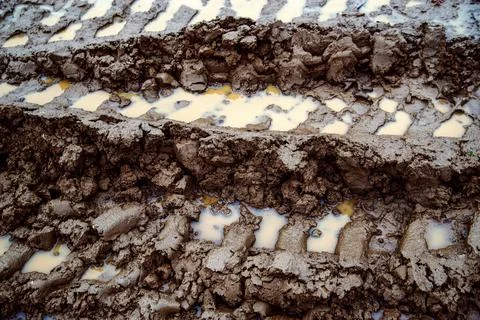 Tyre tracks in the mud. Mud with a puddle and traces of transport on an impas Stock Photos