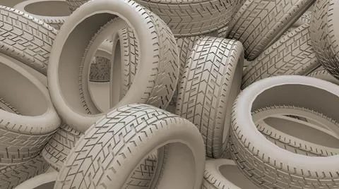 Tyres bulk background. Clay render tires piles on a garage or store. 3D illus Illustrazione stock