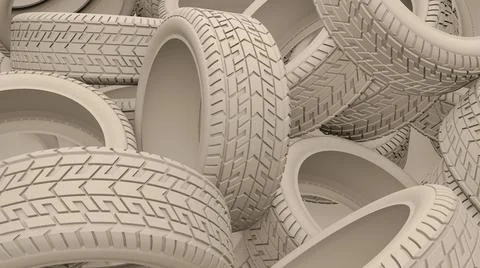 Tyres bulk background. Clay render tires piles on a garage or store. 3D illus Stock Illustration