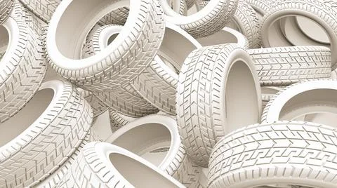 Tyres bulk background. Clay render tires piles on a garage or store. 3D illus Illustrazione stock