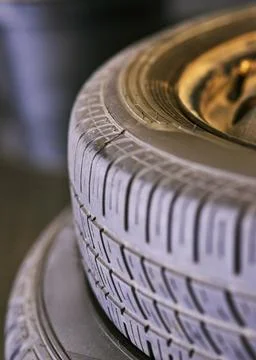 Tyres, stack and wheel in garage for repair, rubber and fixing or replace 스톡 사진