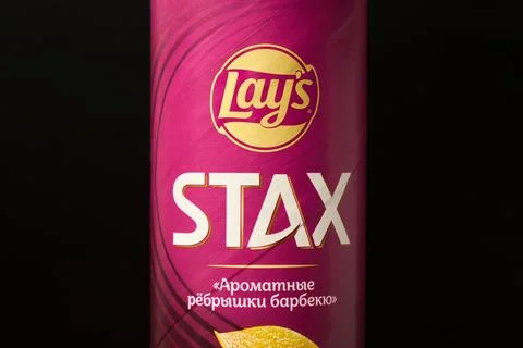 Tyumen, Russia-April 20, 2026: Detailed shot of Lays logo and Stax branding o Stock Photos