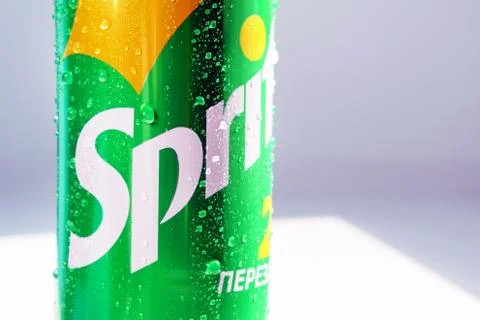 Tyumen, Russia-may 20, 2020: Sprite drink close up macro. logo with water dro Stock Photos